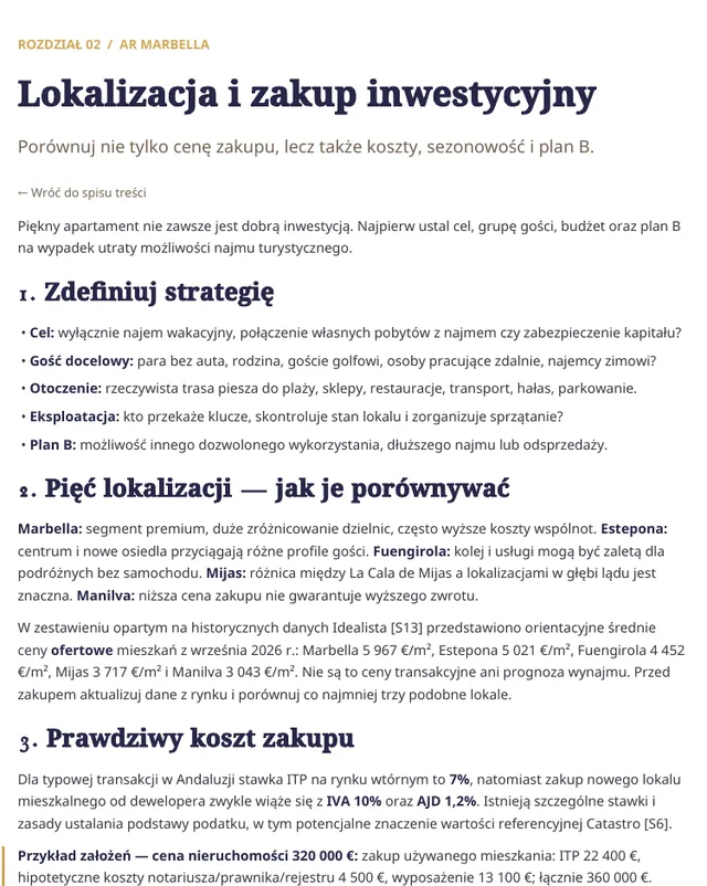 Przykładowa strona e-booka: rozdział 02, lokalizacja i zakup inwestycyjny, z przykładem kosztów zakupu